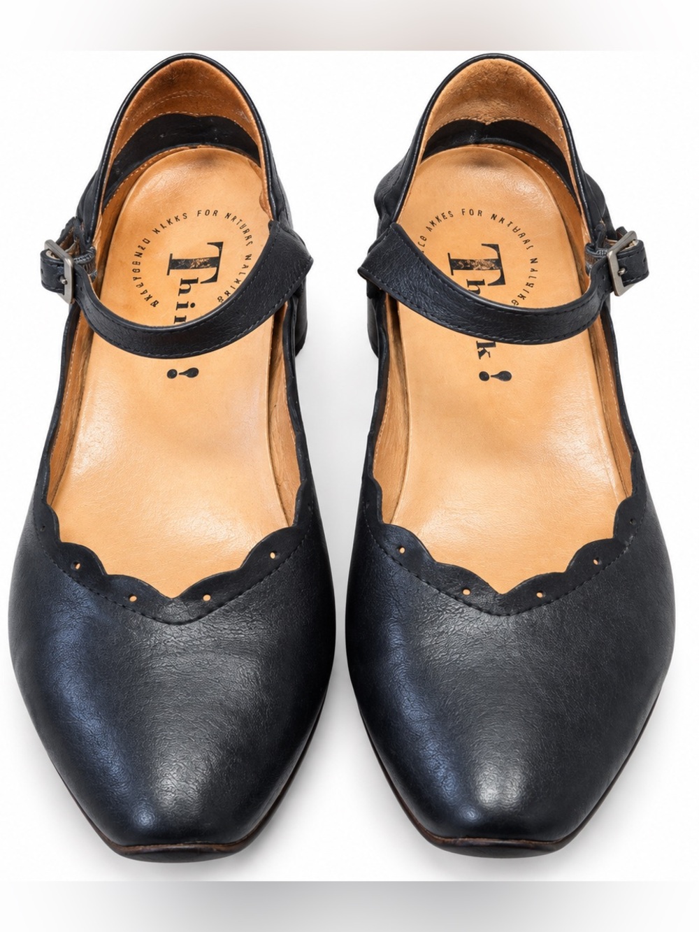 Think! Aida Black Leather Scalloped Mary Jane Slingback Shoes Italy 38 7.5-8